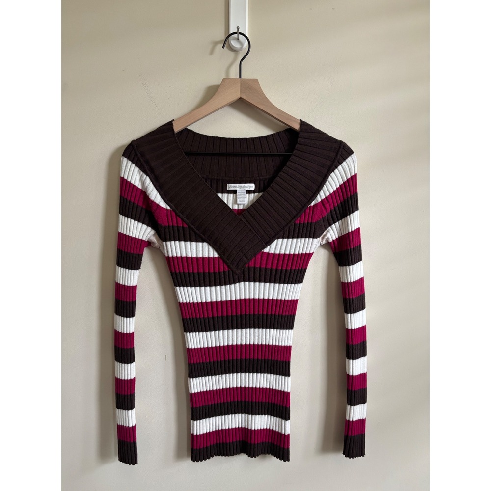 Love By Design Striped Ribbed V-Neck Sweater Brown Pink White Long Sleeve Med